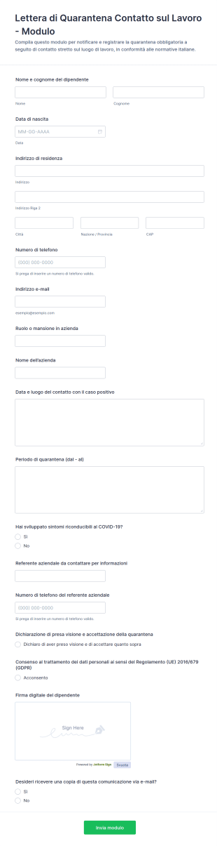 Lettera Di Quarantena Contatto Sul Lavoro Modulo