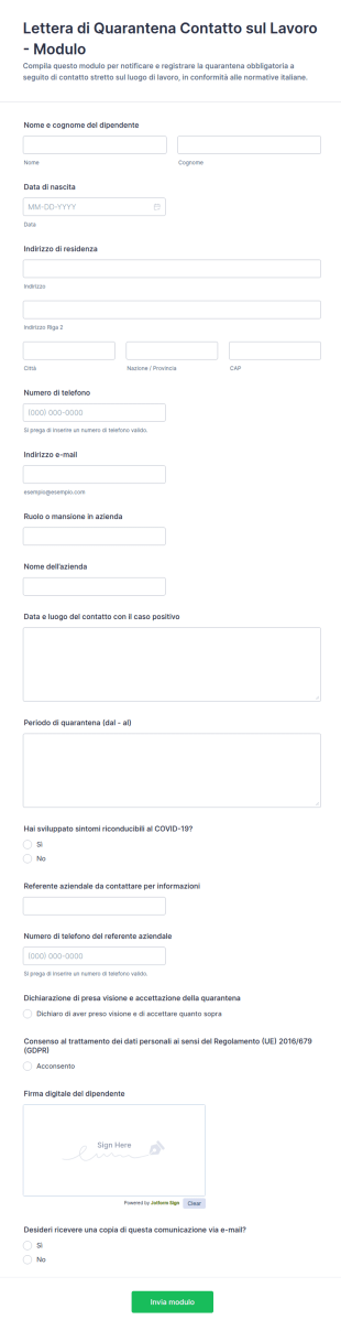 Lettera Di Quarantena Contatto Sul Lavoro Modulo