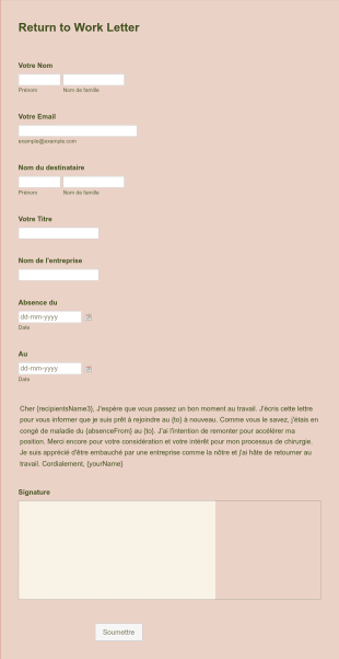 Lettre De Retour Au Travail Form Template