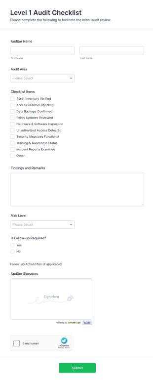 Level 1 Audit Checklist Form Template