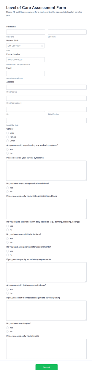 Level Of Care Assessment Form Template