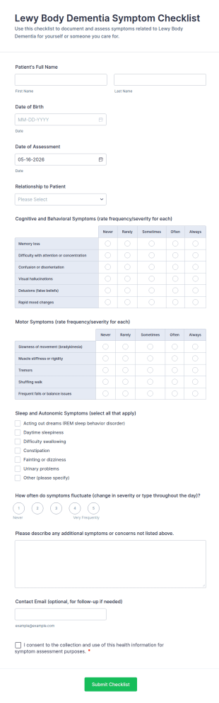 Lewy Body Dementia Symptom Checklist Form Template