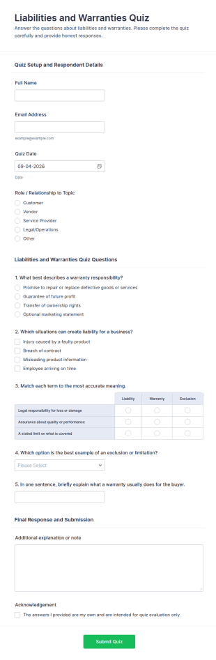 Liabilities And Warranties Quiz Form Template