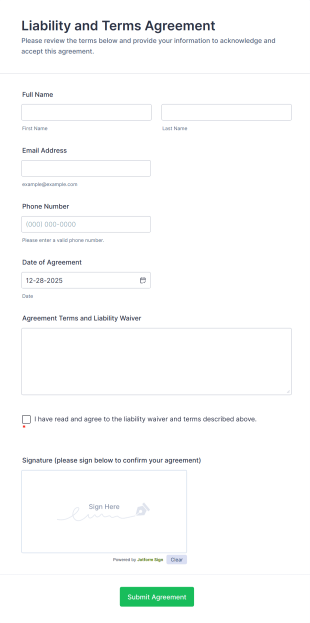 Liability And Terms Agreement Form Template