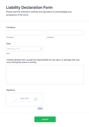 Liability Declaration Form Form Template
