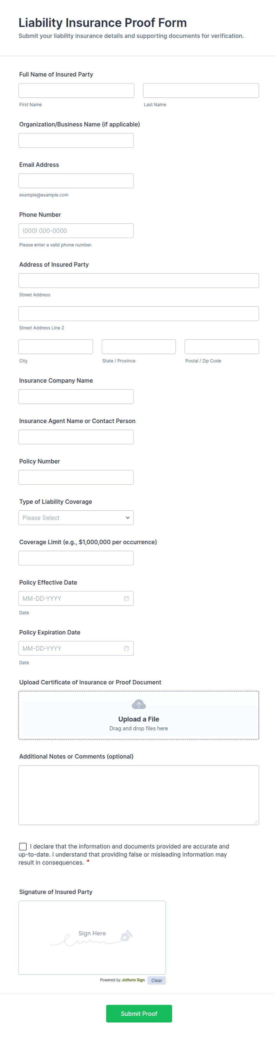 Liability Insurance Proof Form Template | Jotform