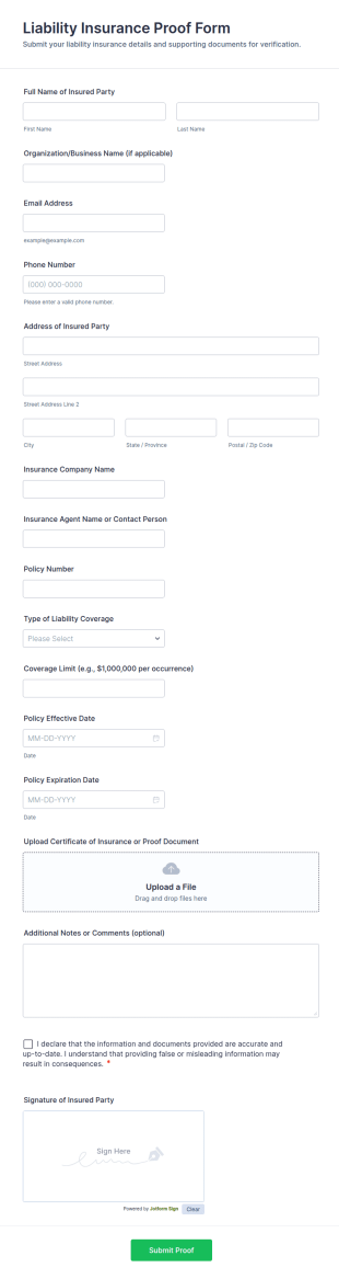Liability Insurance Proof Form Template