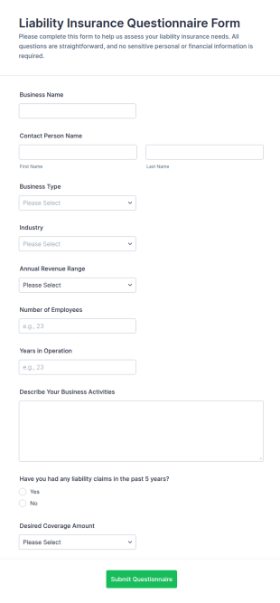 Liability Insurance Questionnaire Form Template