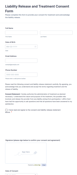 Liability Release And Treatment Consent Form Template
