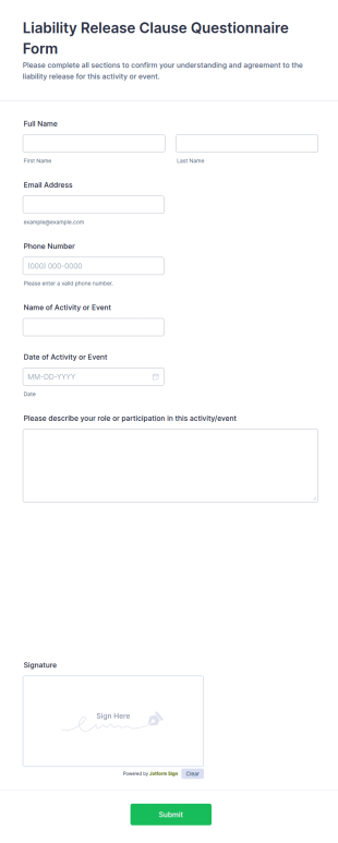 Liability Release Clause Questionnaire Form Template