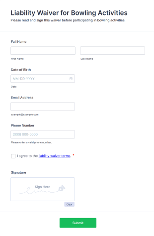 Liability Waiver For Bowling Activities Form Template