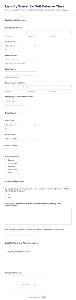 Liability Waiver For Self Defense Class Form Template
