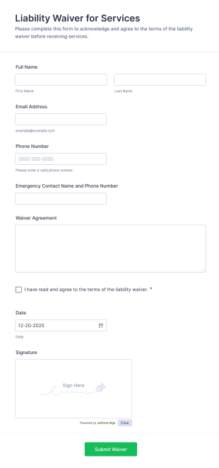Liability Waiver For Services Form Template