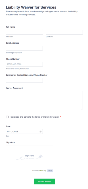 Liability Waiver For Services Form Template