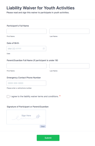 Liability Waiver For Youth Activities Form Template