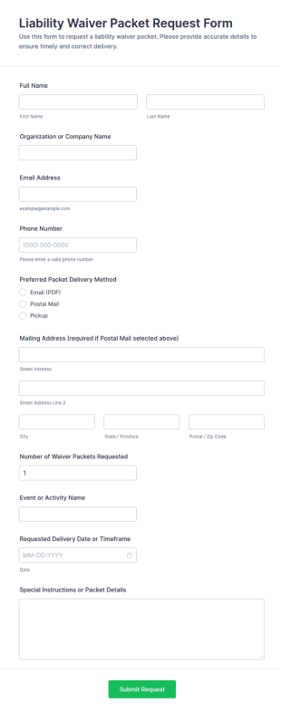 Liability Waiver Packet Request Form Template
