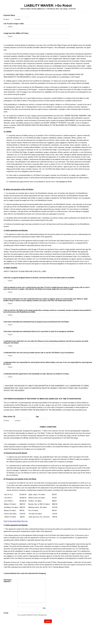 Liability Waiver Rental Agreement Form Template