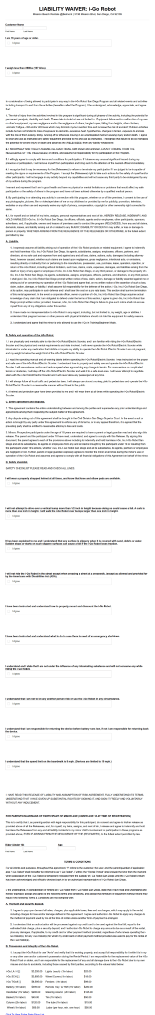 Liability Waiver Rental Agreement Form Template