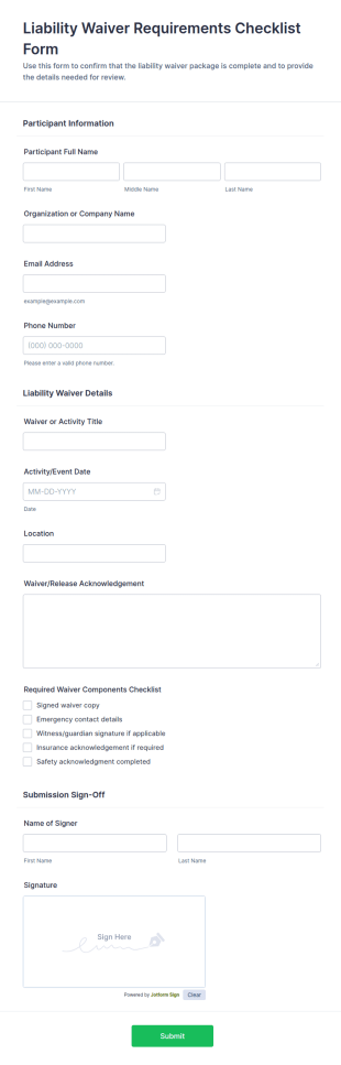 Liability Waiver Requirements Checklist Form Template