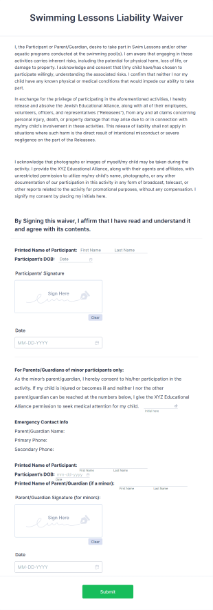 Swimming Lessons Liability Waiver Form Template