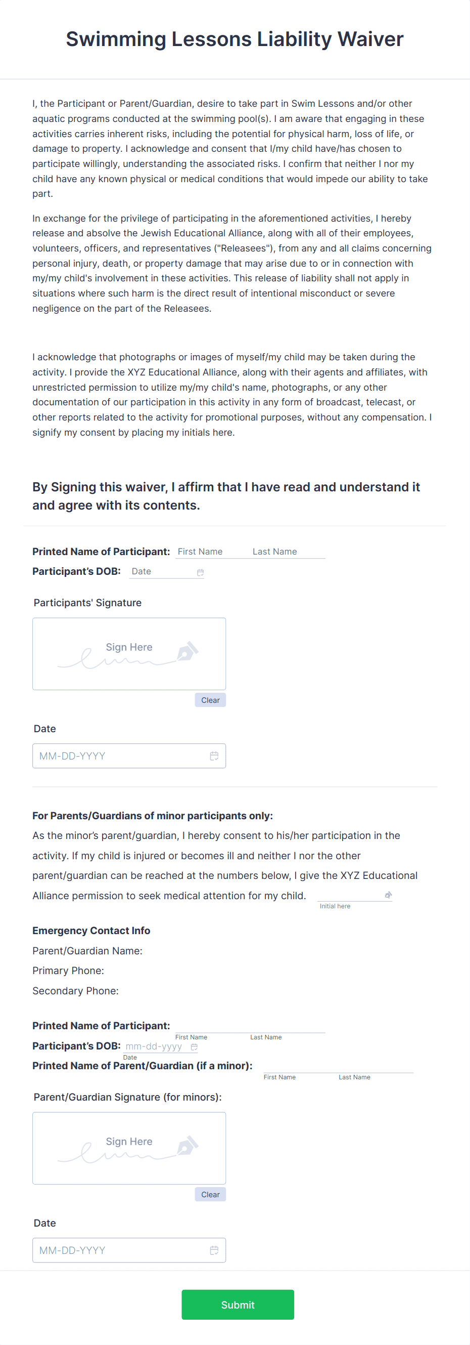 Swimming Lessons Liability Waiver Form Template | Jotform swimming-lessons-liability-waiver-form-template-jotform