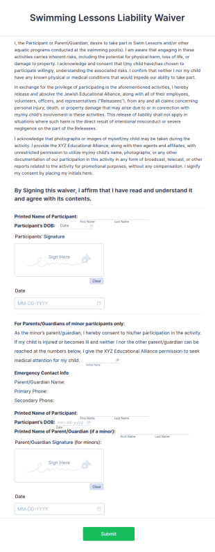 Swimming Lessons Liability Waiver Form Template