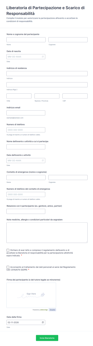 Liberatoria Di Partecipazione E Scarico Di Responsabilità