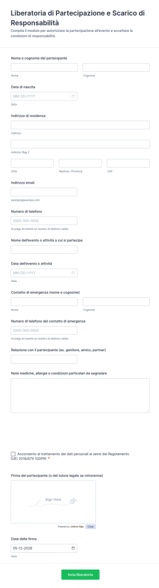 Liberatoria Di Partecipazione E Scarico Di Responsabilità