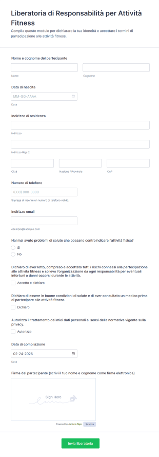 Liberatoria Di Responsabilità Per Attività Fitness
