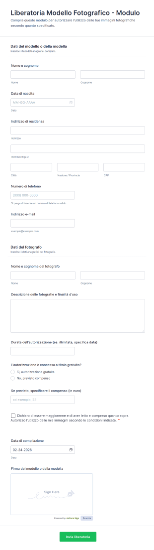 Liberatoria Modello Fotografico Modulo