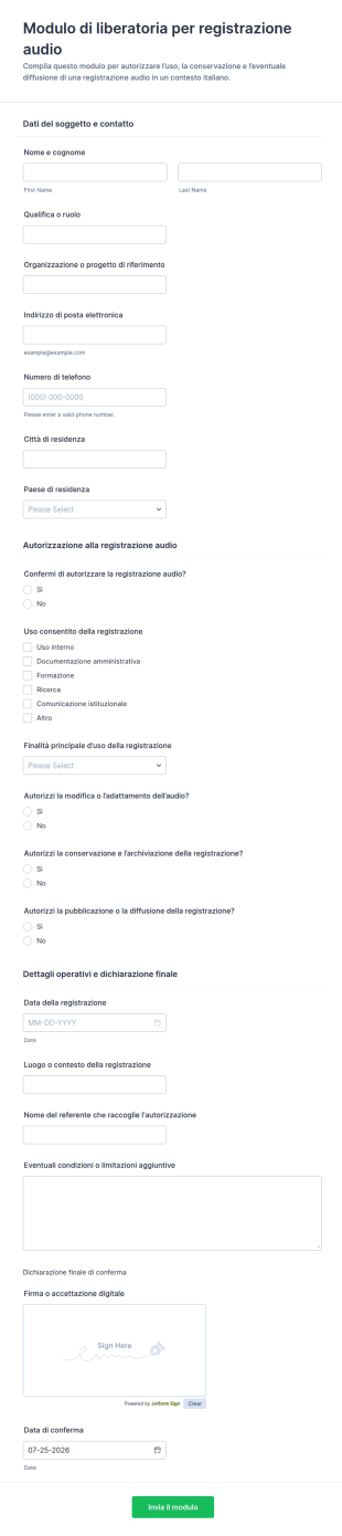 Liberatoria Per Registrazioni Audio