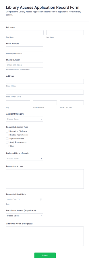 Library Access Application Record Form Template