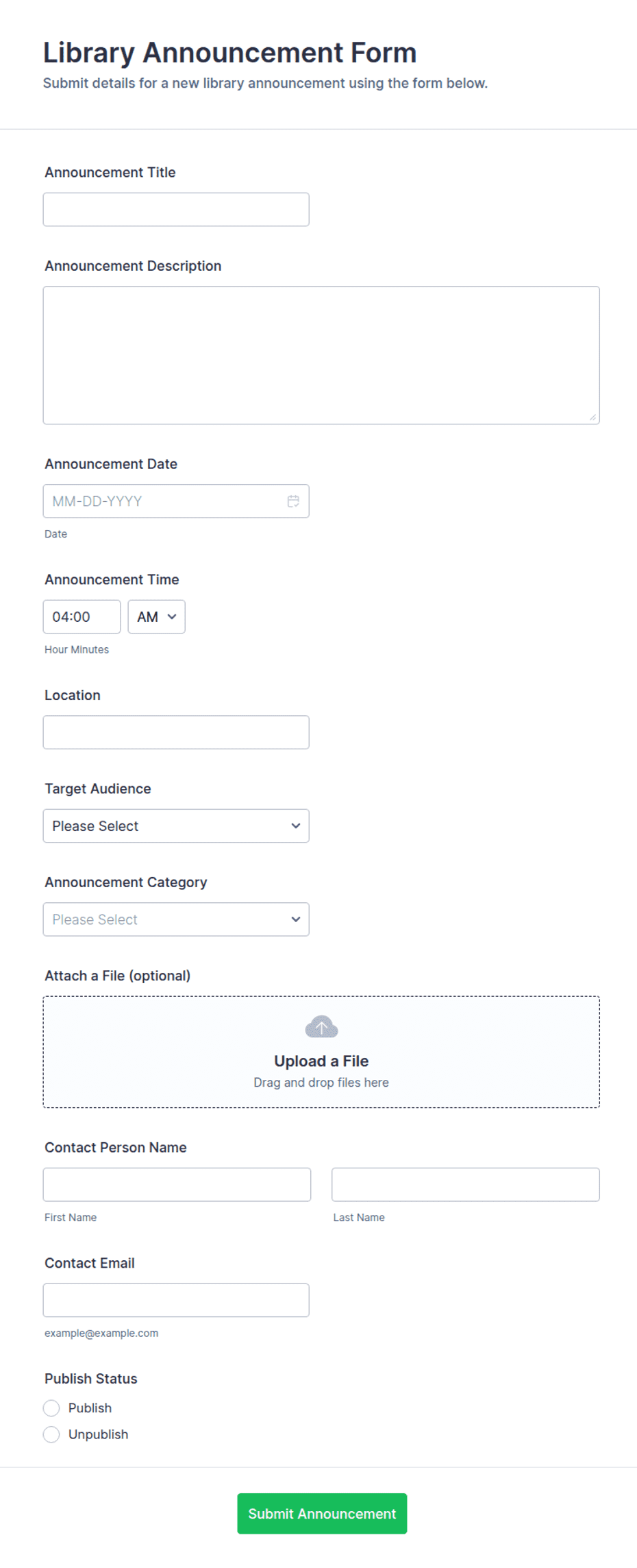 Library Announcement Form Template | Jotform