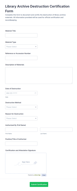 Library Archive Destruction Certification Form Template