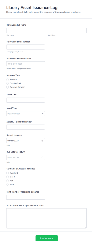 Library Asset Issuance Log Form Template