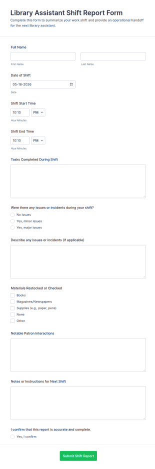 Library Assistant Shift Report Form Template