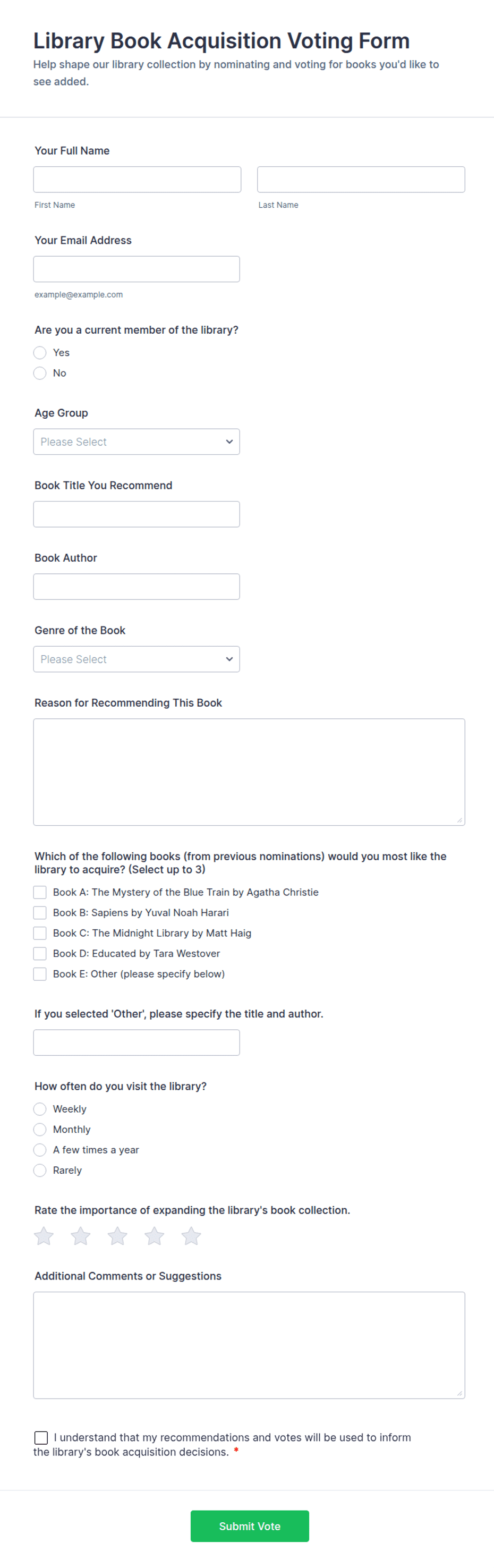 Library Book Acquisition Voting Form Template | Jotform