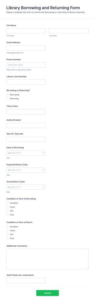 Library Borrowing And Returning Form Template