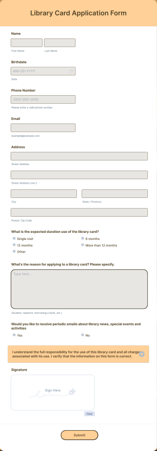 Library Card Application Form Template