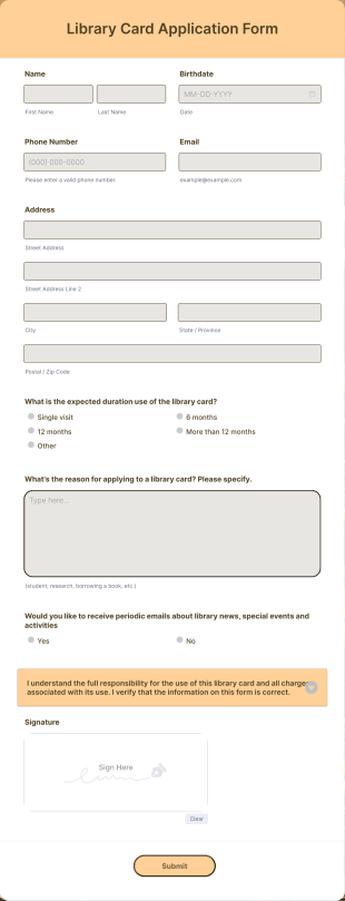 Library Card Application Form Template