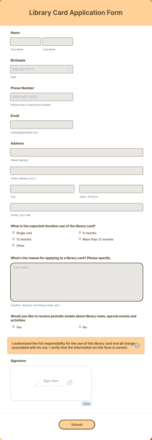 Library Card Application Form Template