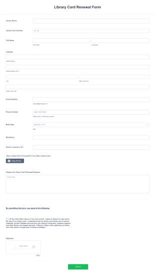 Library Card Renewal Form Template