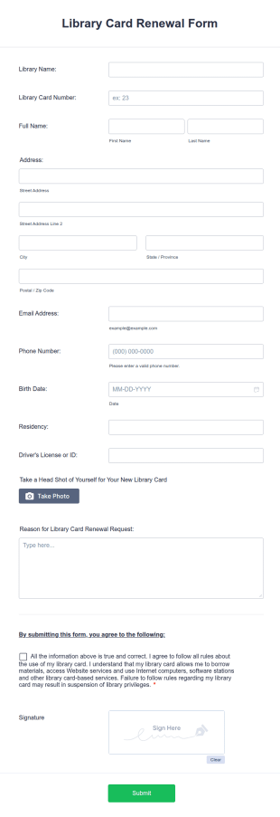 Library Card Renewal Form Template