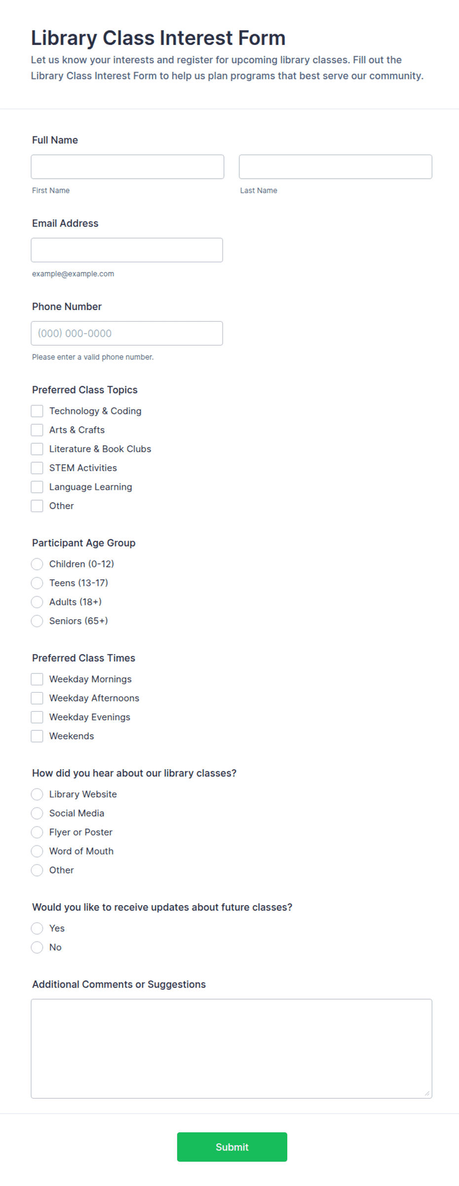 Intrest Class Library Class Interest Form Template | Jotform