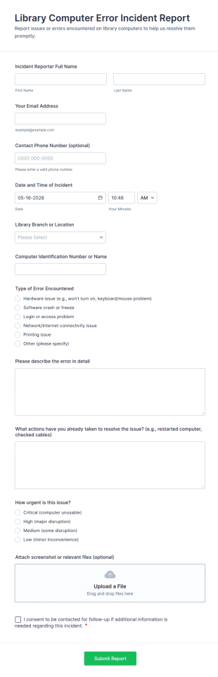 Library Computer Error Incident Report Form Template