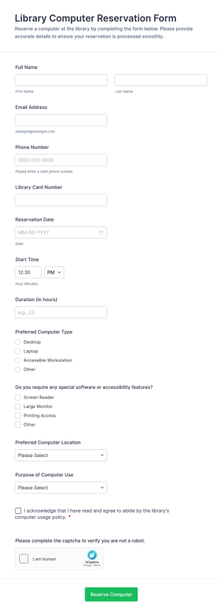 Library Computer Reservation Form Template