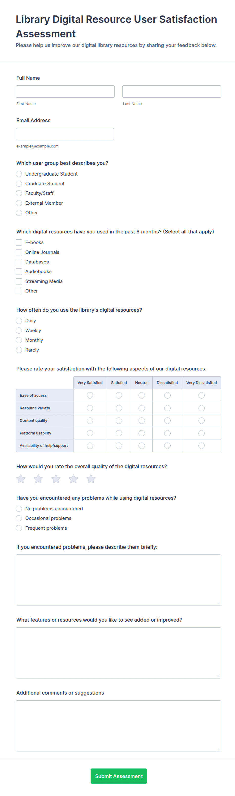 Library Digital Resource User Satisfaction Assessment Form Template ...