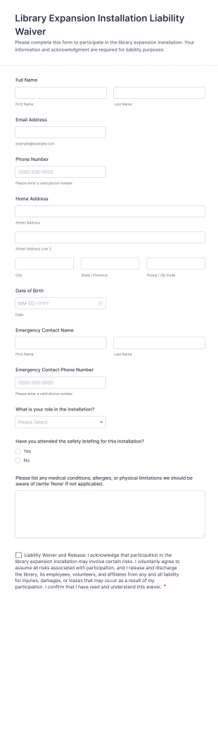Library Expansion Installation Liability Waiver Form Template