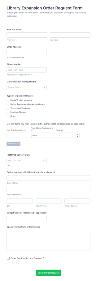 Library Expansion Order Request Form Template