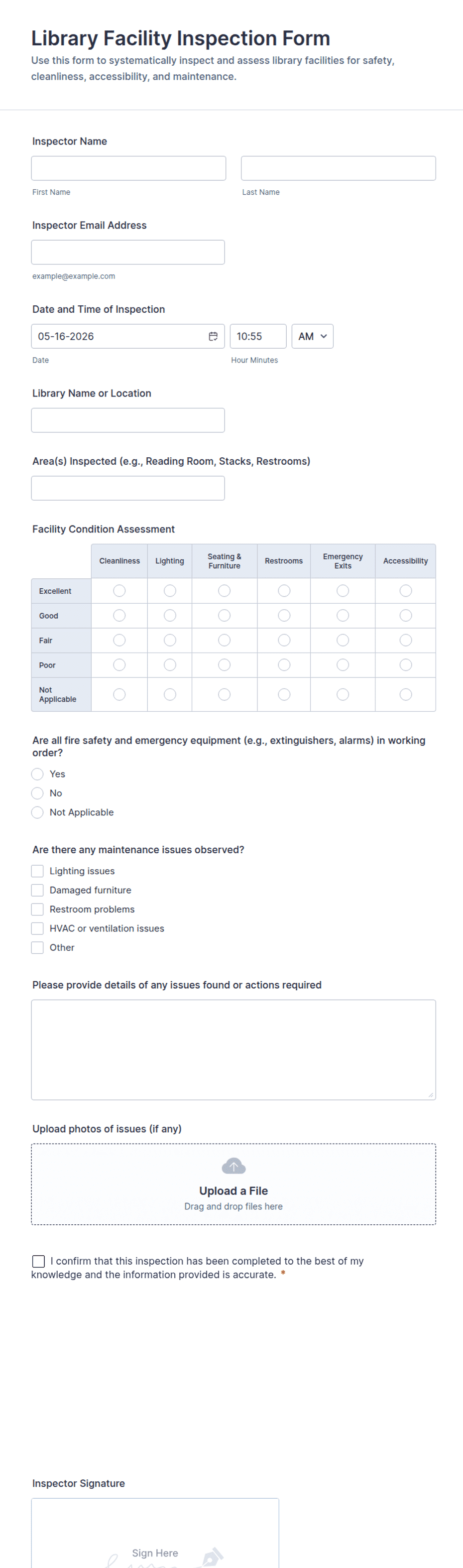 Library Facility Inspection Form Template | Jotform